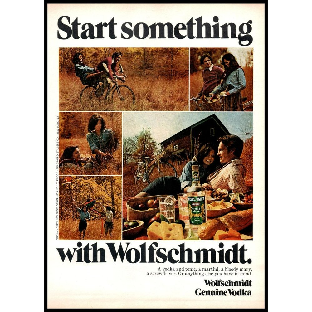 1974 Wolfschmidt Vodka Vintage Print Ad Bike Kite Picnic Cabin Romance Wall Art